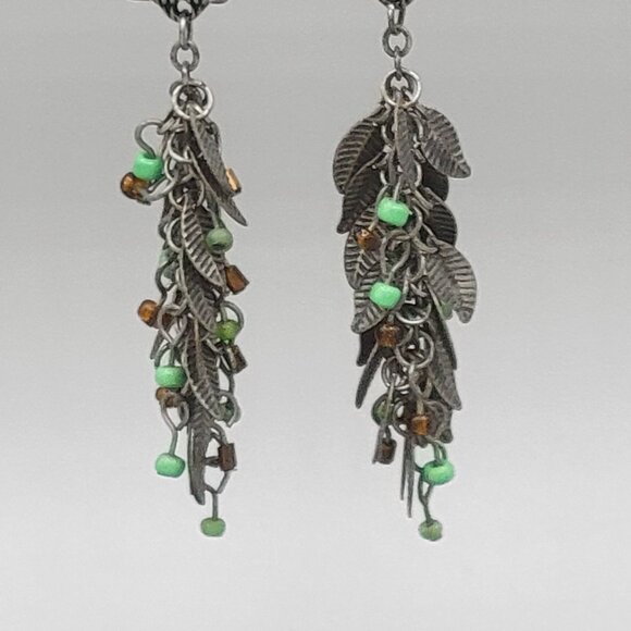 Silver Tone Owl Dangle Earrings With Beads & Leaf Charms Fish Hook 4 in Length - Picture 3 of 7